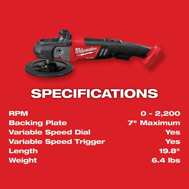 Milwaukee 2738-20 Cordless Polisher M18, Bare Tool, 7 in Backing Pad, Rotary, Hook and Loop, Variable Speed