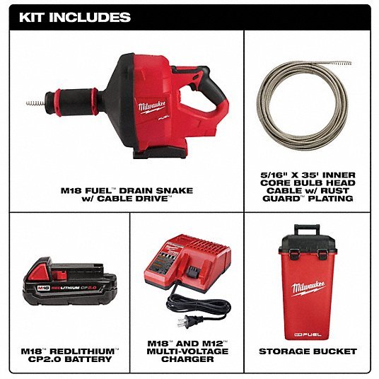 Milwaukee 2772A-21 M18 FUEL Drain Snake w/ CABLE DRIVE w/5/16” Cable