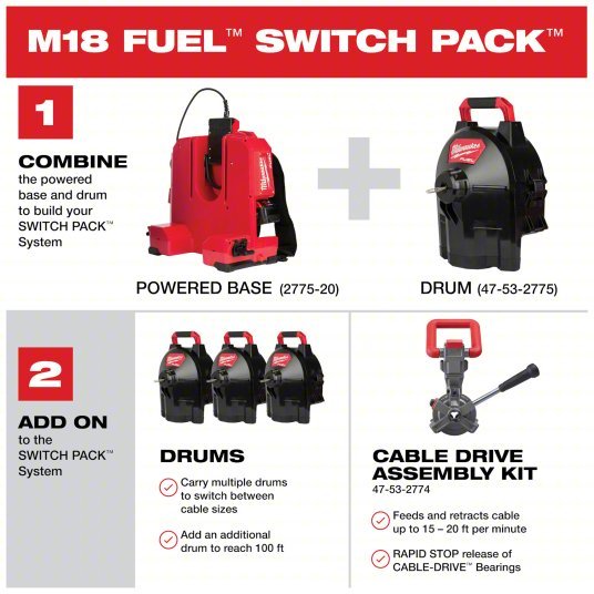 Milwaukee 2775C-222 M18 FUEL SWITCH PACK Sectional Drum Machine w/1/2” Cable