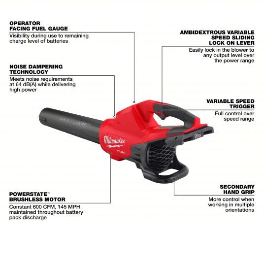Milwaukee 2824-20 Battery-Powered Handheld Leaf Blower M18™ REDLITHIUM™, 600 cfm Max. Air Flow, 1 Speeds