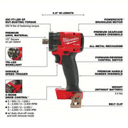 Milwaukee 2855P-20 Impact Wrench 1/2 in Square Drive Size, 250 ft-lb Fastening Torque, 250 ft-lb Breakaway Torque