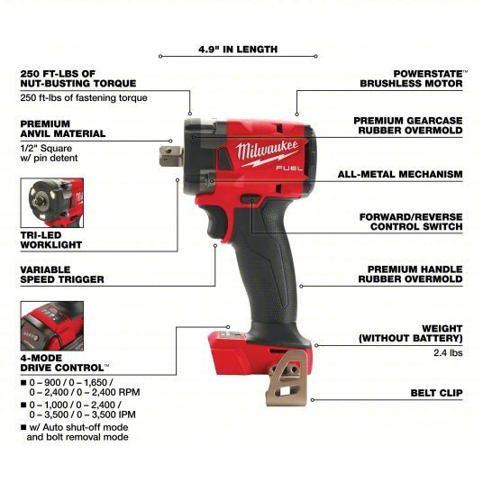 Milwaukee 2855P-20 Impact Wrench 1/2 in Square Drive Size, 250 ft-lb Fastening Torque, 250 ft-lb Breakaway Torque