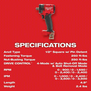 Milwaukee 2855P-20 Impact Wrench 1/2 in Square Drive Size, 250 ft-lb Fastening Torque, 250 ft-lb Breakaway Torque