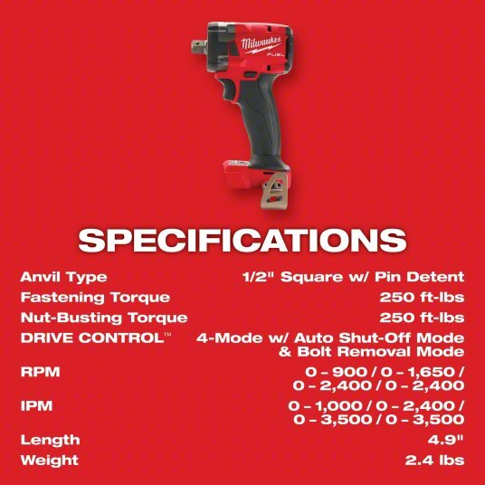 Milwaukee 2855P-20 Impact Wrench 1/2 in Square Drive Size, 250 ft-lb Fastening Torque, 250 ft-lb Breakaway Torque