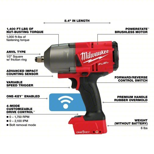 Milwaukee 2863-20 Impact Wrench 1/2 in Square Drive Size, 1,000 ft-lb Fastening Torque, 1,400 ft-lb Breakaway Torque
