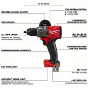 Milwaukee 2903-20 Drill 18V DC, Compact Premium, 1/2 in Chuck, 2,100 RPM Max., 1,400 in-lb Max Torque