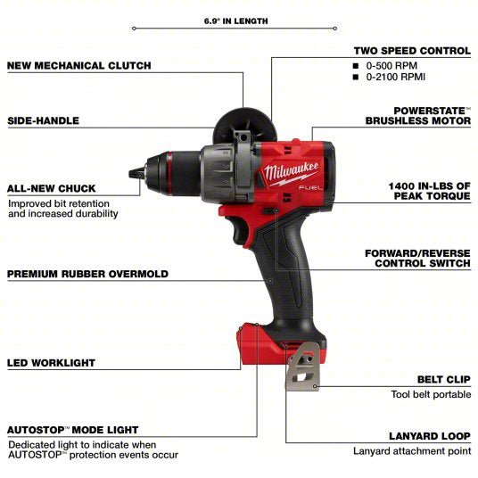 Milwaukee 2903-20 Drill 18V DC, Compact Premium, 1/2 in Chuck, 2,100 RPM Max., 1,400 in-lb Max Torque