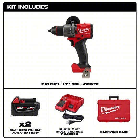 Milwaukee 2903-22 Drill 18V DC, Compact Premium, 1/2 in Chuck, 2,100 RPM Max., 1,400 in-lb Max Torque, LED
