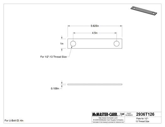 McMaster 2936T126 Galvanized Steel U-Bolt Mounting Plate, for 1/2"-13 Thread Size, 4" ID