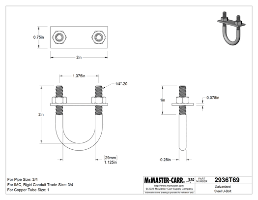 McMaster 2936T69 Galvanized Steel U-Bolt, with Mounting Plate, 1/4"-20 Thread Size, 1-1/8" ID