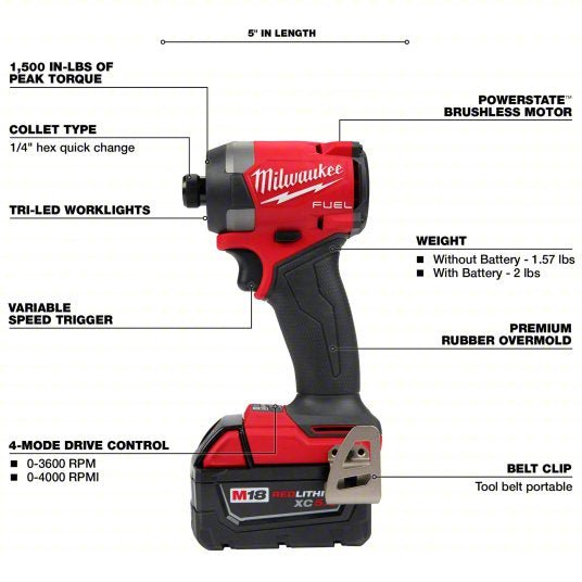 Milwaukee 2953-22 Impact Driver Kit 2,000 in-lb Max. Torque, 3,900 RPM Free Speed, 4,400 Impacts per Minute, 5.0 Ah
