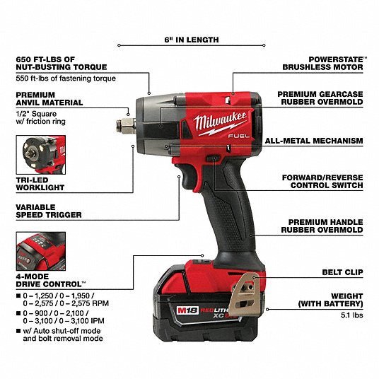 Milwaukee 2962-22R Impact Wrench Kit 1/2 in Drive Size, 550 ft-lb Fastening Torque, Brushless, 18 V DC Volt