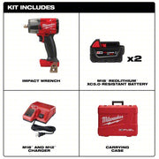 Milwaukee 2962P-22R Impact Wrench Kit 1/2 in Drive Size, 550 ft-lb Fastening Torque, 650 ft-lb Breakaway Torque, 18 V