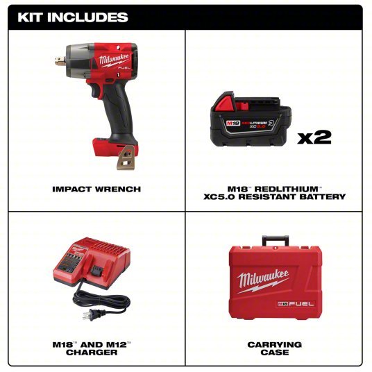 Milwaukee 2962P-22R Impact Wrench Kit 1/2 in Drive Size, 550 ft-lb Fastening Torque, 650 ft-lb Breakaway Torque, 18 V