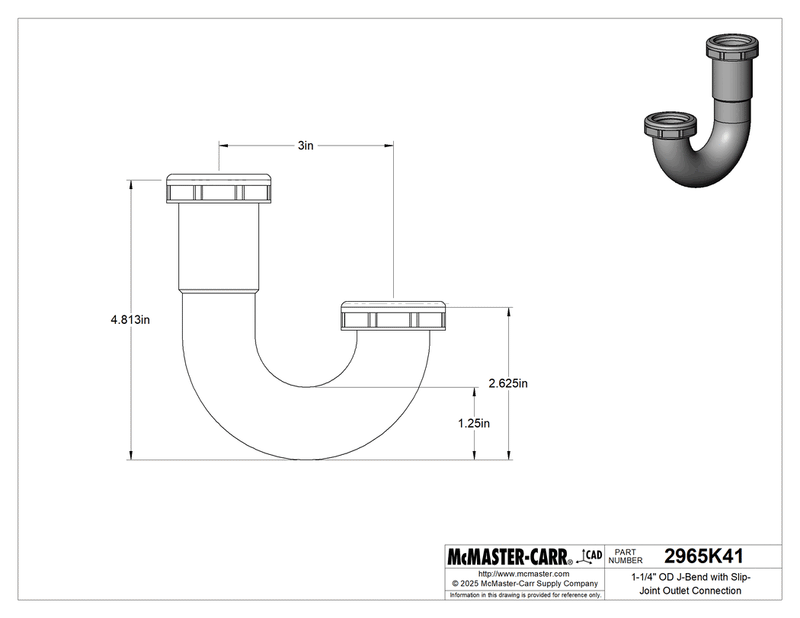 McMaster 2965K41 1-1/4" OD J-Bend with Slip-Joint Outlet Connection