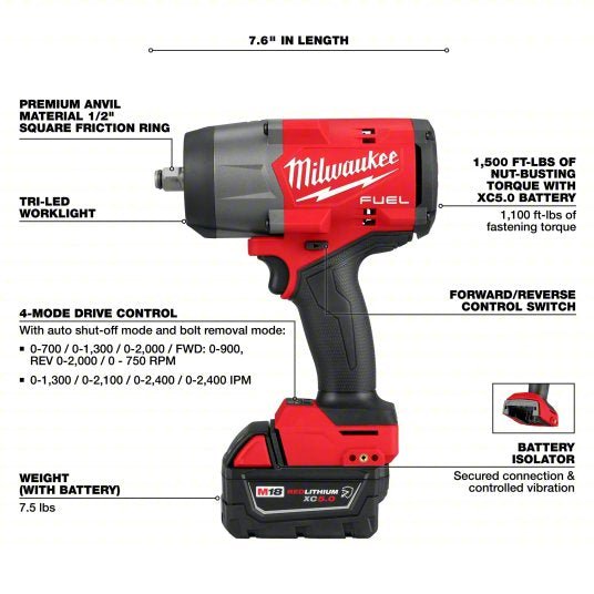 Milwaukee 2967-22 High Torque Impact Wrench Kit 1/2 in Drive Size, 1,100 ft-lb Fastening Torque, 1,500 ft-lb Breakaway Torque, Brushless