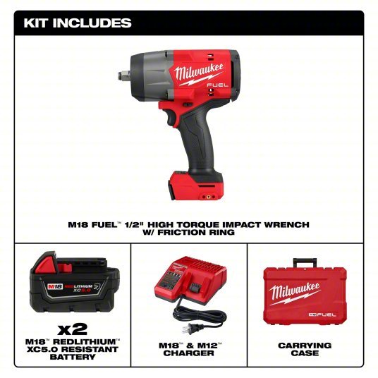 Milwaukee 2967-22 High Torque Impact Wrench Kit 1/2 in Drive Size, 1,100 ft-lb Fastening Torque, 1,500 ft-lb Breakaway Torque, Brushless