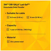 3M DBI-Sala 6160030 Cable Sleeve Trailing, Stainless Steel, Auto, 310 lb Capacity, 0.38 in Cable Dia