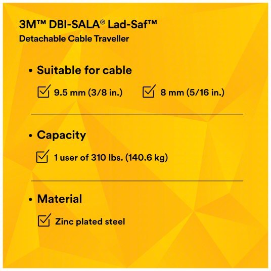 3M DBI-Sala 6160030 Cable Sleeve Trailing, Stainless Steel, Auto, 310 lb Capacity, 0.38 in Cable Dia