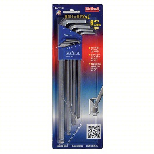 Eklind 17709 Hex Key Set Metric, Extra Long, 9 Pieces, Plastic Holder, Nickel Plated, 2 Tips