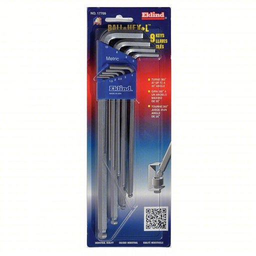 Eklind 17709 Hex Key Set Metric, Extra Long, 9 Pieces, Plastic Holder, Nickel Plated, 2 Tips