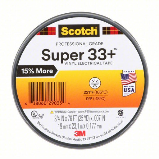 3M 33+SUPER - 3/4X76FT Insulating Electrical Tape Gen Purpose, Vinyl, 3/4 in x 76 ft, Black - Redwood.KV2A225