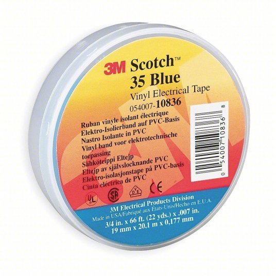 3M 10836 Vinyl Electrical Tape, 35, Scotch, 3/4 in W x 66 ft L, 7 mil thick, Blue, 1 Pack - Redwood.KV2A230
