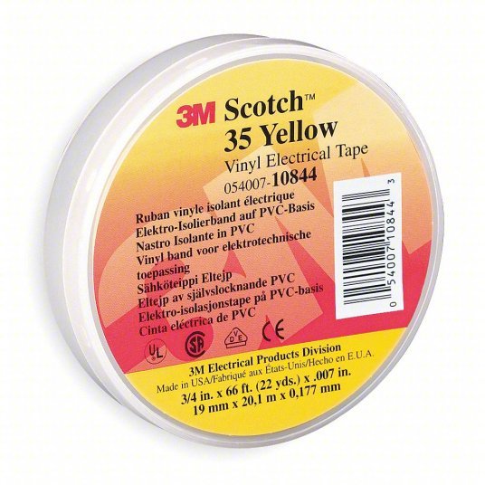 3M 10844 Vinyl Electrical Tape, 35, Scotch, 3/4 in W x 66 ft L, 7 mil thick, Yellow, 1 Pack