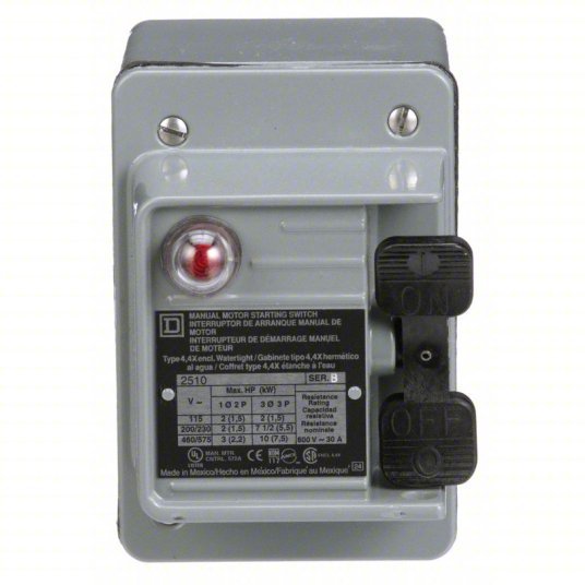 Square D 2510KW1A Manual Motor Switch 2 Poles, 30 A, 4 NEMA Rating, Pilot Light: Red Light (115V AC)