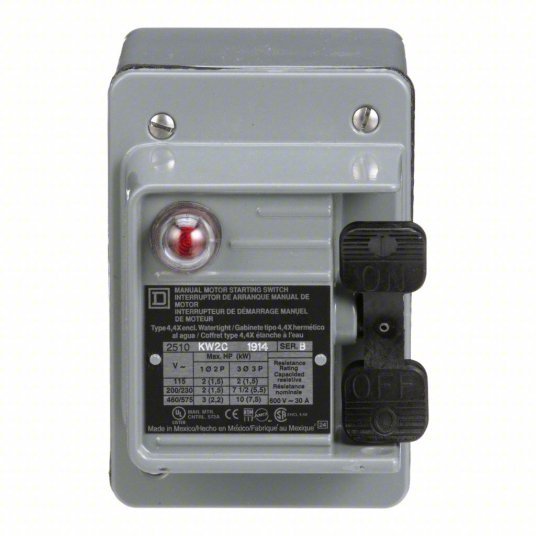 Square D 2510KW2C Manual Motor Switch 3 Poles, 30 A, 4 NEMA Rating, Pilot Light: Red Light (440-600V AC)