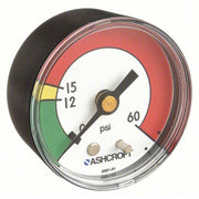 Ashcroft 20W1005PH01B 60 PSI Green/Yellow/Red, 0 to 60 psi, 2 in Dial, 1/8 in NPT Male, 1005P
