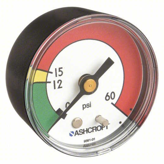 Ashcroft 20W1005PH01B 60 PSI Green/Yellow/Red, 0 to 60 psi, 2 in Dial, 1/8 in NPT Male, 1005P
