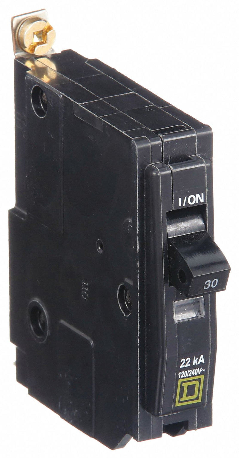 Square D QOB130VH Miniature Circuit Breaker, QO Series, 30 A, 1-Pole, 120/240 V AC, Bolt-On, High Interrupting Capacity 22kA, Paddle Actuator