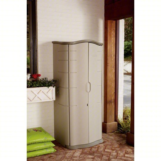 Rubbermaid FG374901OLVSS Outdoor Storage Shed 17 cu ft Capacity, Green/Tan, 26 in x 19 in x 67 in, Vertical