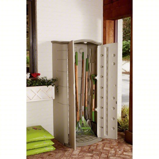 Rubbermaid FG374901OLVSS Outdoor Storage Shed 17 cu ft Capacity, Green/Tan, 26 in x 19 in x 67 in, Vertical