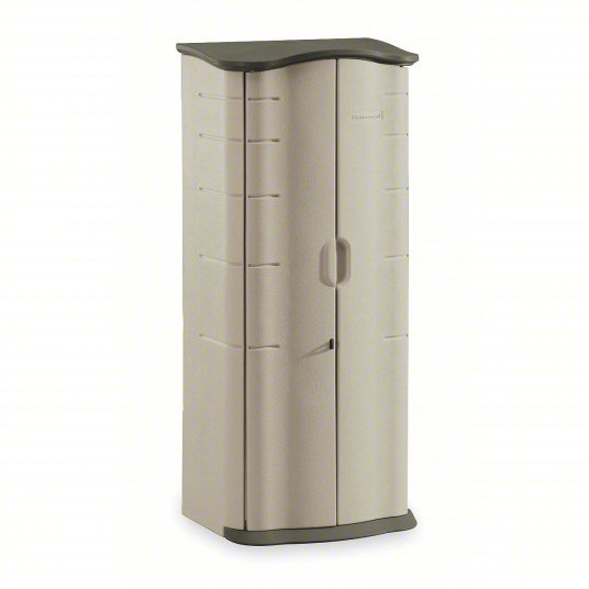 Rubbermaid FG374901OLVSS Outdoor Storage Shed 17 cu ft Capacity, Green/Tan, 26 in x 19 in x 67 in, Vertical