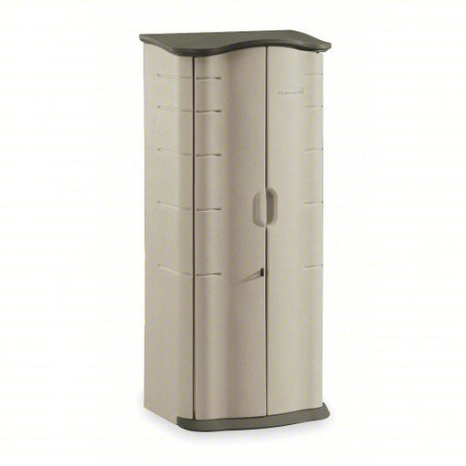 Rubbermaid FG374901OLVSS Outdoor Storage Shed 17 cu ft Capacity, Green/Tan, 26 in x 19 in x 67 in, Vertical