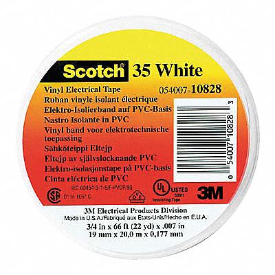 3M 10232 Electrical Tape, 1/2 in x 6 5/8 yd, 7 mil, White, PK100