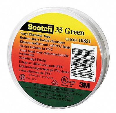 3M 10265 Electrical Tape, 1/2 in x 6 5/8 yd, 7 mil, Green, PK100