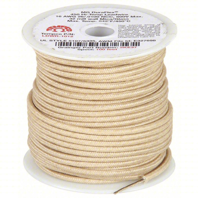 Tempco LDWR-1042 High Temp Lead Wire: 16 AWG Wire Size, Natural, 250 ft Lg, MG