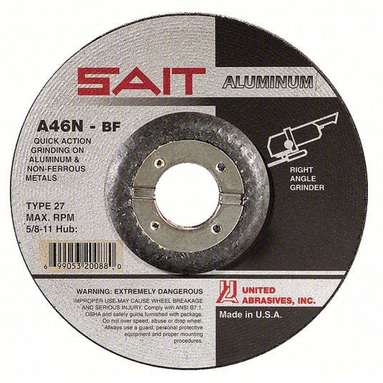 SAIT 20062 Depressed Center Grinding Wheel Type 27, 4 1/2 in x 1/4 in x 7/8 in, Aluminum Oxide, 46 Grit