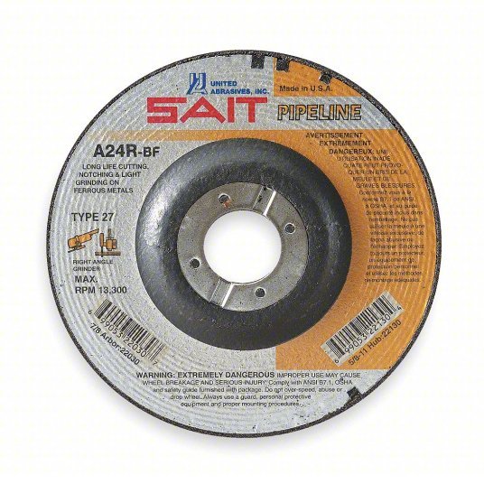 SAIT 22055 Cut-Off & Grinding Wheel Type 27, 7" x 1/8" x 7/8", Aluminum Oxide, 24 Grit, A24R Pipeline