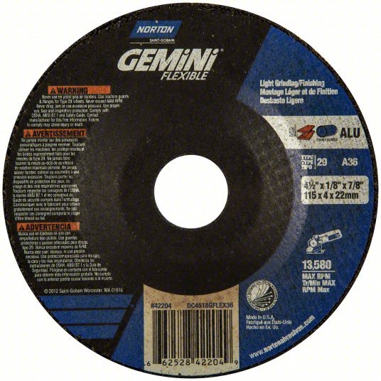 Norton 66252842204 Depressed Center Grinding Wheel Type 29, 4 1/2 in x 1/8 in x 7/8 in, Aluminum Oxide, 36 Grit