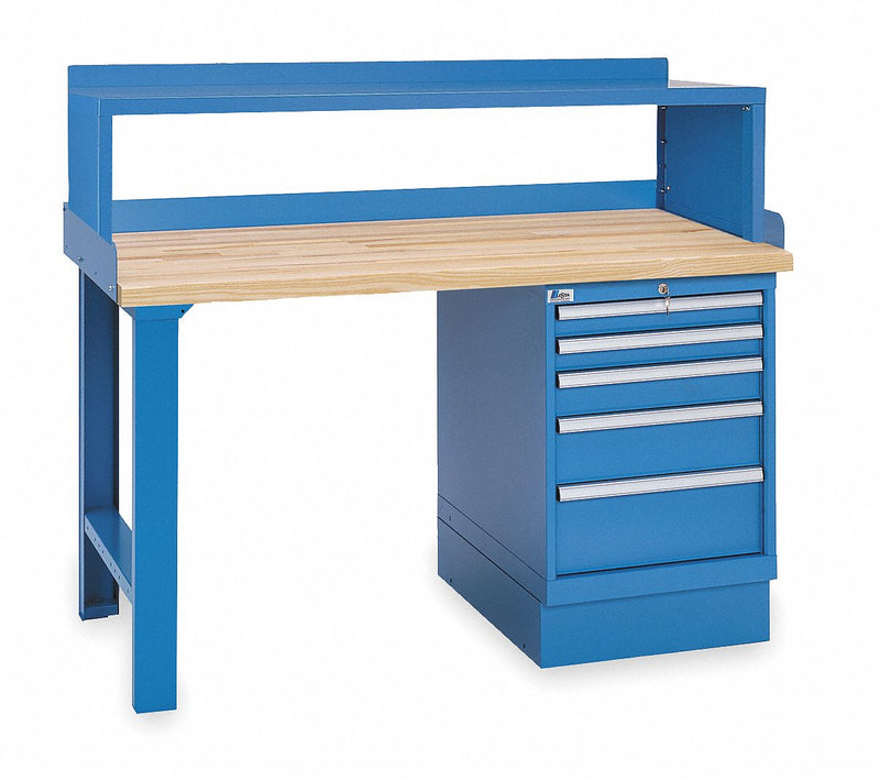 Lista XSWB20-60BT/BB-SRS Workbench, 60 in W x 30 in D, Butcher Block Top, Pedestal Cabinet Base, 5-Drawer, 1000 lb Cap, Blue