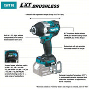 Makita XWT18XVZ Compact Impact Wrench 1/2 in Square Drive Size, 520 ft-lb Fastening Torque, Brushless Motor, 18 V