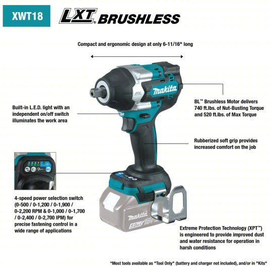 Makita XWT18XVZ Compact Impact Wrench 1/2 in Square Drive Size, 520 ft-lb Fastening Torque, Brushless Motor, 18 V