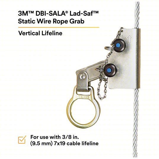 3M DBI-SALA 5000338 Rope Grab 310 lb Capacity, Stainless Steel, D-Ring, 3 ft Lanyard Lg, Silver, Manual