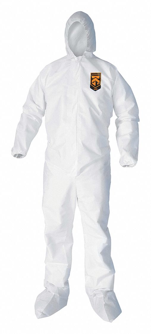 Kleenguard 44333 A40 Coveralls with Hood & Boots, L, Microporous Film Laminate, Elastic Wrist/Ankle, White, Zipper, 25 PK