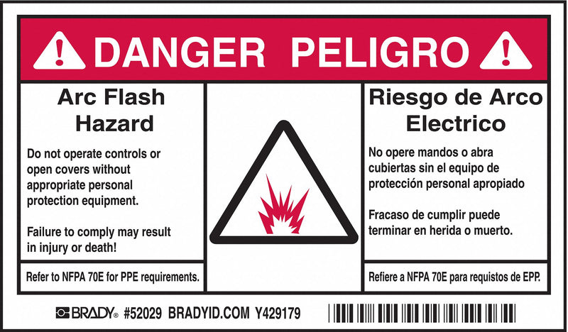 Brady 52029 Arc Flash Protection Label, Polyester, 3-1/2 in x 6 in, Bilingual, PK 100
