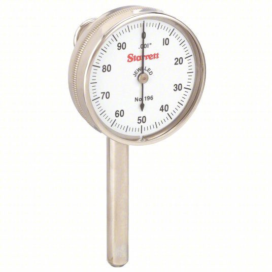 Starrett 196B1 Back Plunger Dial Indicator: 0 to 0.2 in Range, 0-100 Dial Reading, 0.001 in Graduations